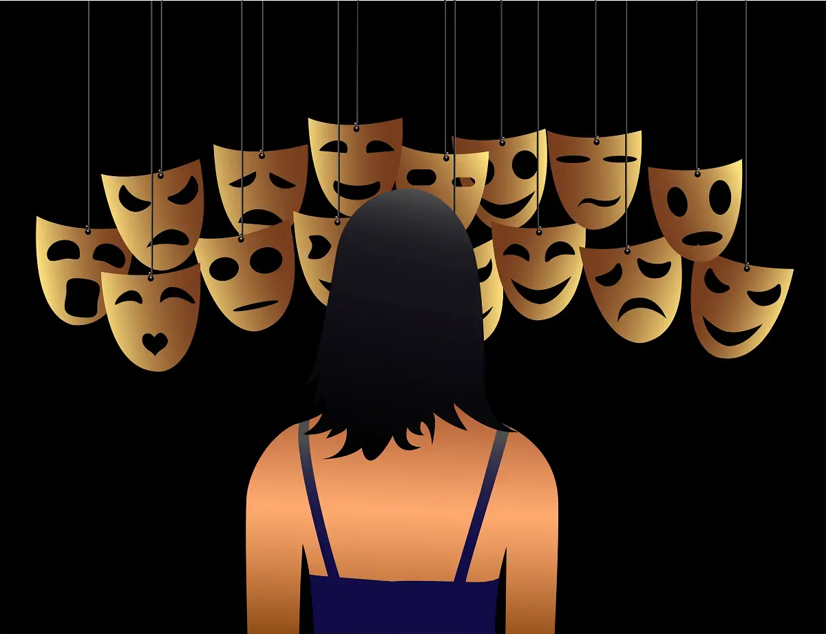 Woman looking at the many emotional masks she can put on